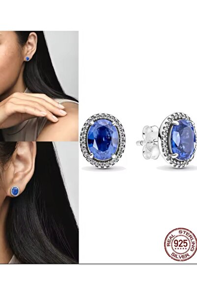 POSEİDONS JEWELLERY 925 Ayar Gümüş Işıltılı Büyük Mavi Taşlı Minimal Çivi Küpe