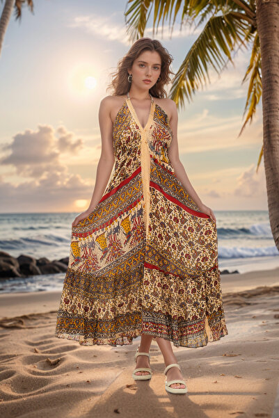 Loomora العرقية البوهيمي الأزهار منقوشة الرسن الرقبة فستان طويل المرأة