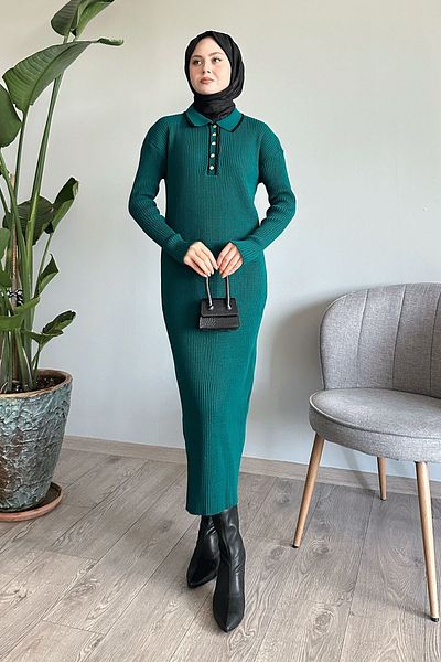 InStyle Emerald Colored Piping Knitwear Dress