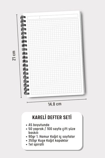 Eldesen Tasarım A5 Size Set of 4 - Spiral Checked School Notebook, 50 Sheets 100 Sheets