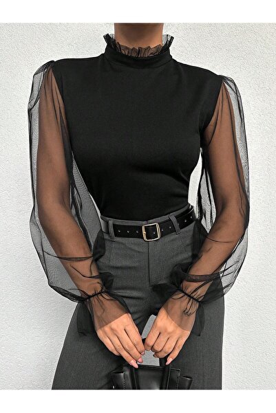 OLSAMODA Γυναικεία μπλούζα με ελαστικό πλεκτό ύφασμα - Λαιμόκοψη και μανίκια από τούλι