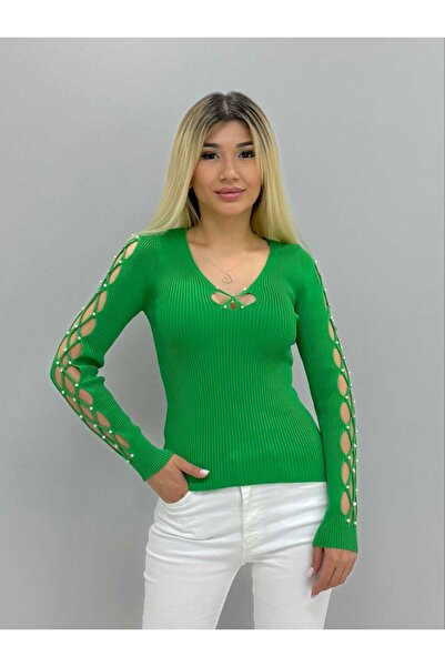 aytenli İnci Ve Taş Detaylı Yaka Kol Dekolteli V Yaka Ince Triko Bluz