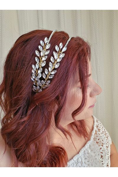 Handmade Gold Helen Model Bridal Crown - Shiny Crown with Stone Detail