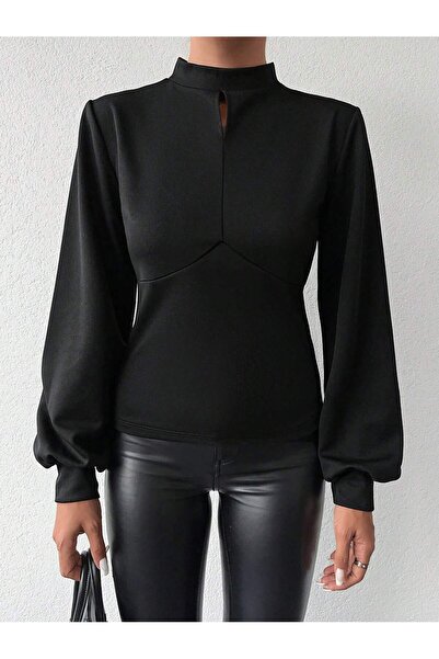 OLSAMODA Ελαστικό πλεκτό ύφασμα - Γυναικεία μπλούζα με μανίκια μπαλόνι και λεπτομέρεια σταγόνας