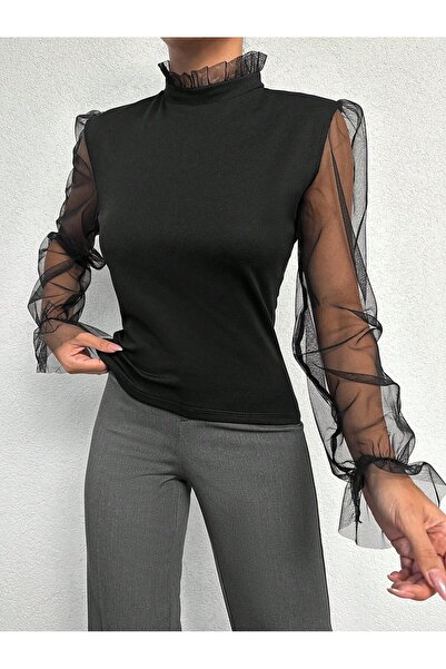 OLSAMODA Γυναικεία μπλούζα με ελαστικό πλεκτό ύφασμα - Λαιμόκοψη και μανίκια από τούλι