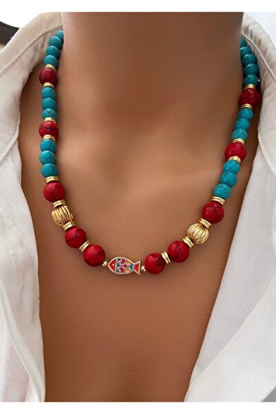 TARZ-I TAKI Doğal Taş Kırmızı Sıkma Mercan Taşı & Mavi Turkuaz Firuze Taşı Balık Altın Kaplama Kadın Kolye