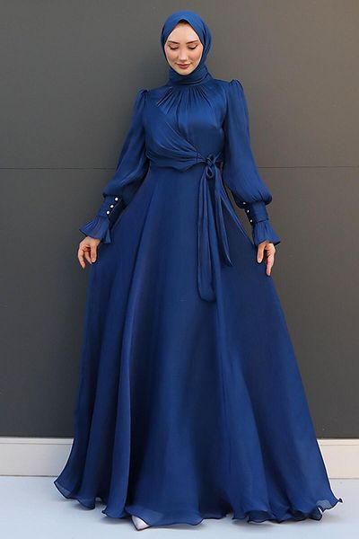GİZ AGİYİM Βραδινό φόρεμα Navy Blue Silk - Λεπτομέρεια με φιόγκο