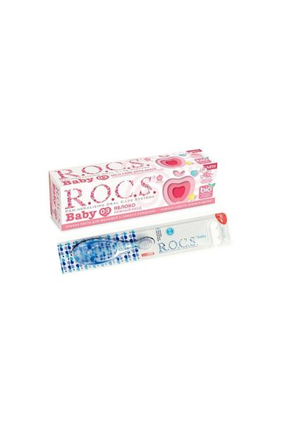 R.O.C.S. معجون أسنان خالي من الفلورايد بنكهة التفاح من 0 إلى 3 سنوات وفرشاة أسنان للأطفال من عمر 0 إلى 3 سنوات باللون الأزرق