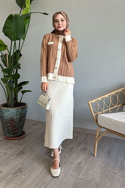 InStyle Σετ Πλεκτή Φούστα και Ζακέτα Camel
