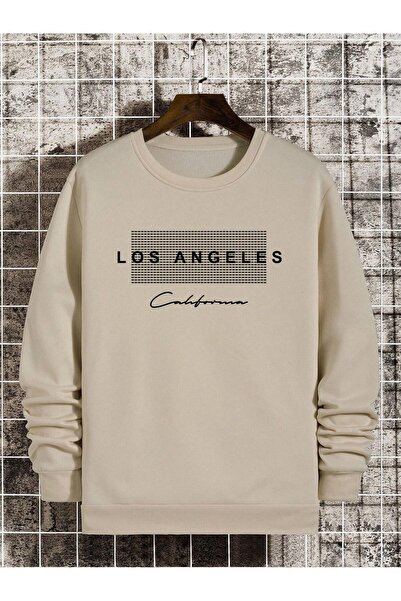 coolart Los Angeles Printed Beige Oversize Sweatshirt - Thick Winter, Raised ...