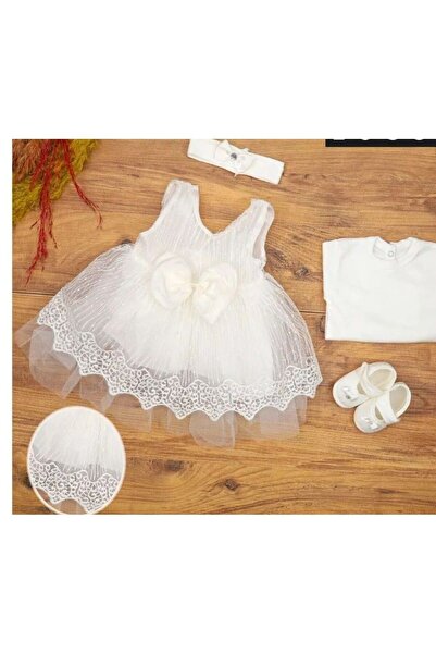 GOLD TEKSTİL Yeni Doğan Beyaz Kız Bebek Gelinlik Ve Mevlit Elbisesi 0-3 AY El...
