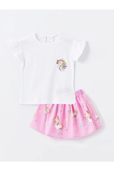 LC Waikiki LCW Baby - تي شيرت وتنورة مطبوعة برقبة دائرية للفتيات الصغيرات - طقم مكون من قطعتين