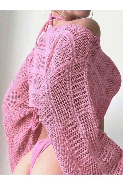 MODA MH İSTANBUL Διάτρητη πλεκτή μπλούζα με φαρδύ λαιμόκοψη - Ισπανικό μανίκι, μπλούζα παραλίας