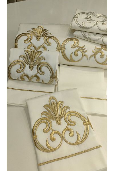incisecrethome 6 Piece Cotton Satin Duvet Cover Set - Maraş Work Gold and Silver Glitter Embroidered