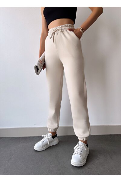 schlank Kadın Bej Kışlık Kalın İçi Polarlı Yüksek Bel Paçası Lastikli Basic Jogger Eşofman Altı