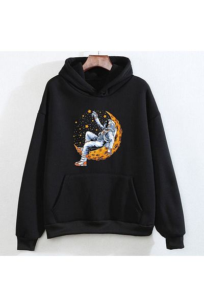 swOzz Hanorac negru unisex cu imprimeu Moon And Star Astronaut Take Me to Space