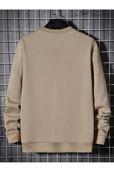 Cool Art Yazılı Kol Detay Kalın Kışlık Sweatshirt - Bej Baskılı Oversize Şardonlu Bisiklet Yaka