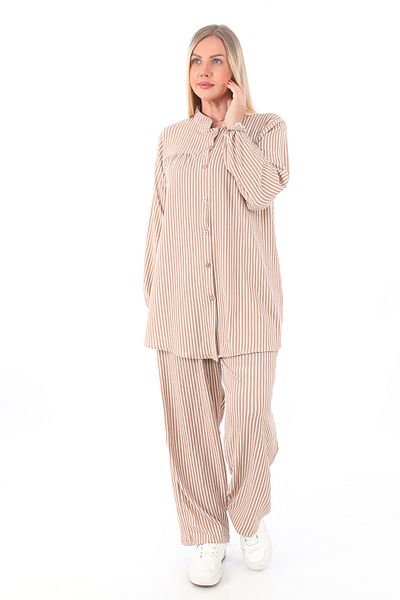 AfifeCOLLECTİON Comfortable Fit Striped Bottom Top Set Stylish Patterned Mother's Set with Trousers