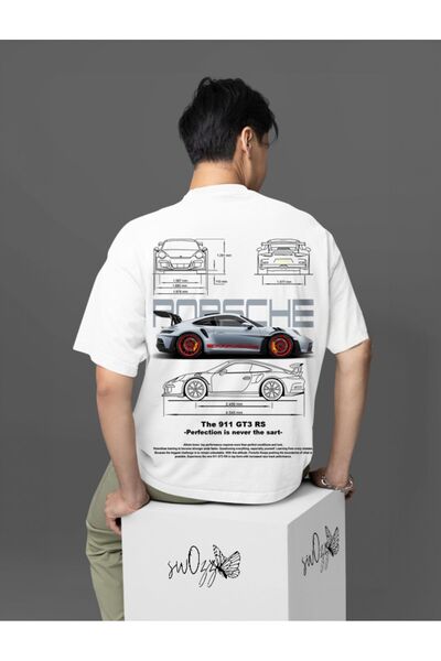 swOzz Унисекс бяла тениска с овърсайз дизайн, високо качество и щампа Porsche...