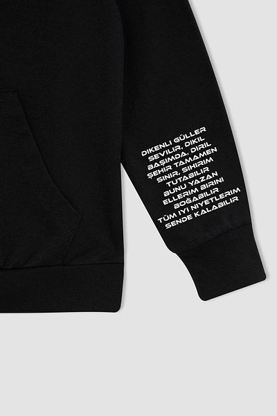 swOzz Motive Romantic Front and Back Printed Sleeve Detailed Cotton Oversize Unisex Black Sweatshirt