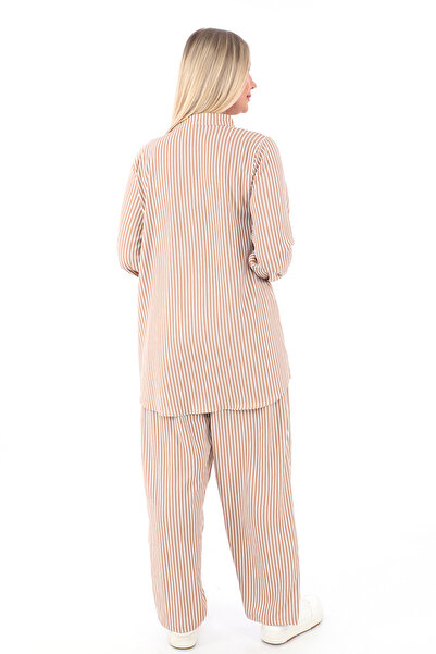 AfifeCOLLECTİON Comfortable Fit Striped Bottom Top Set Stylish Patterned Mother's Set with Trousers