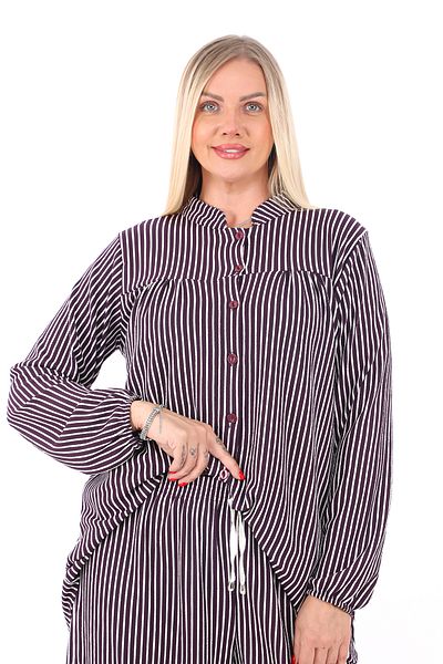 AfifeCOLLECTİON Comfortable Fit Striped Bottom Top Set Stylish Patterned Mother's Set with Trousers