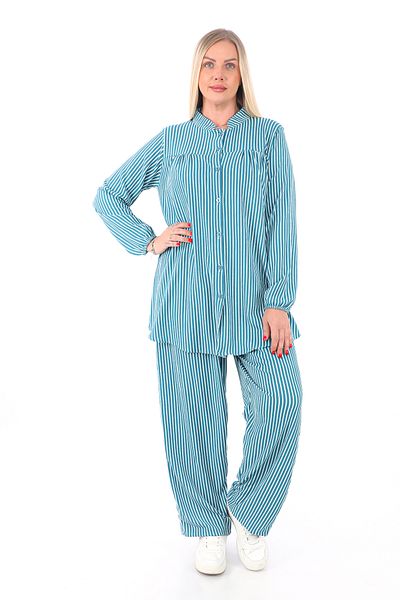 AfifeCOLLECTİON Comfortable Fit Striped Bottom Top Set Stylish Patterned Mother's Set with Trousers