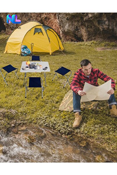 Mavi Balıkçı Kamp Taburesi Ve 45x60cm Kamp Sehpası Seti 4 Lü Set