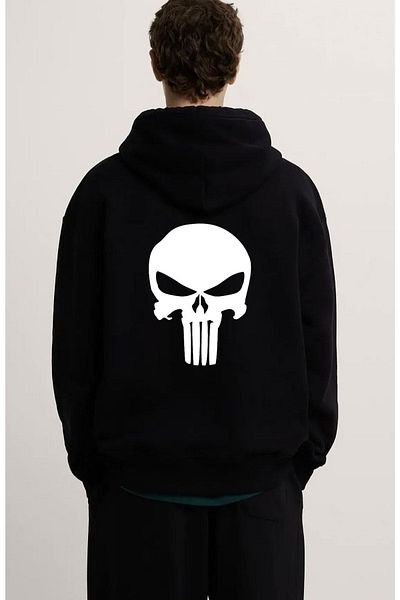 swOzz Punisher Front And Back Printed Thick Fabric Black Sweatshirt Hoodie Unisex