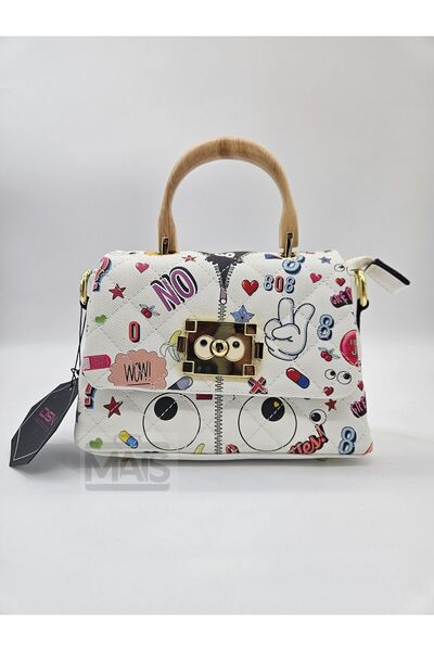 DSN Tahta Kulplu Karikatür Desenli  Beyaz  El Ve Omuz Çantası