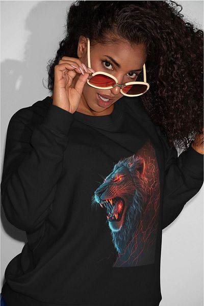 swOzz Hanorac negru unisex oversize fără glugă cu imprimeu Leu