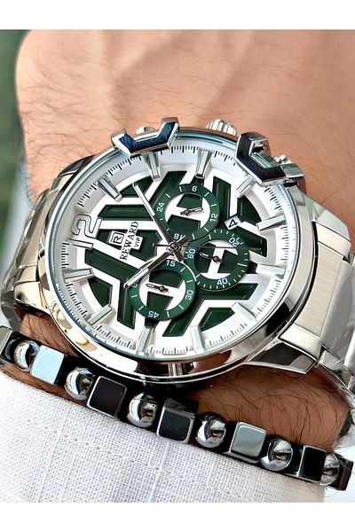 Reward Men's Silver Colored Large Case Steel Cord Wrist Watch + Bracelet