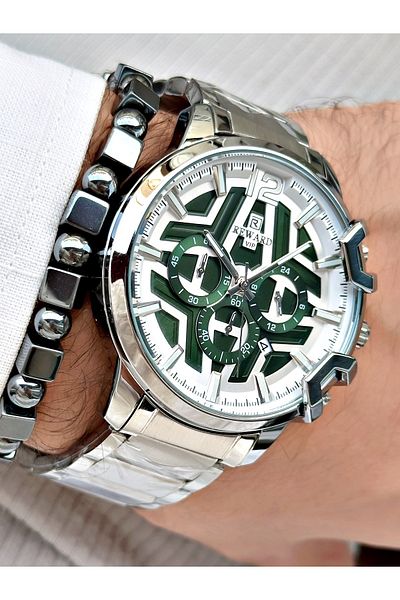 Reward Men's Silver Colored Large Case Steel Cord Wrist Watch + Bracelet