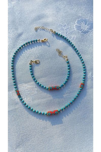 Atolye Ferda Turquoise Stone and Miyuki Braided Bracelet - Necklace Set (red)