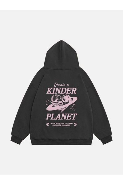 Mad&Calf Hanorac oversize din fleece cu glugă pentru femei cu imprimeu Kinder Planet