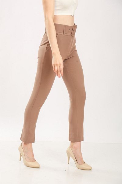 WoolnClyde Women's Thick Belted High Waist Fabric Trousers