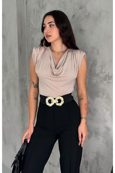WoolnClyde Women's Stone Degaje Collar Pleated Shoulder Padded Flowy Stretchy Sandy Fabric Blouse