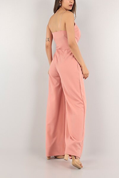 WoolnClyde Women's Powder Double Breasted Collar Drawstring Detailed Pipe Leg Thin Strap Evening Dress Jumpsuit