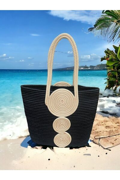 GNG Home Tekstil Υφασμάτινη γιούτα ψάθινη τσάντα ώμου και παραλίας Μαύρη