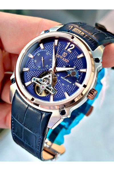 Reward Luxury Men's Wristwatch - Navy Blue Color, Leather Cord, Steel Case, Mechanism + Bracelet Gift