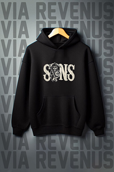 Vordevia طباعة Sons of Anarchy - سويت شيرت بقلنسوة أسود بقصة واسعة، جيب الكنغ...