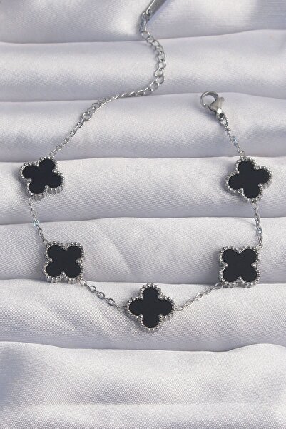 Clariss سوار البرسيم باللون الفضي المينا باللون الأسود - فولاذ 316L