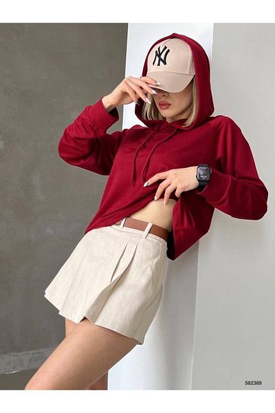 WoolnClyde Women's Claret Red Solid Color Oversize Fit Hooded Hoodie Unprinted Basic Sweatshirt