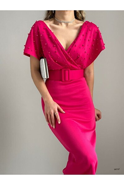 WoolnClyde Γυναικείο Φούξια Φούξια με διπλό στήθος με λαιμόκοψη μαργαριταρένιο με λεπτομέρεια συν μανίκι νυχτερίδα ύφασμα μίντι φόρεμα