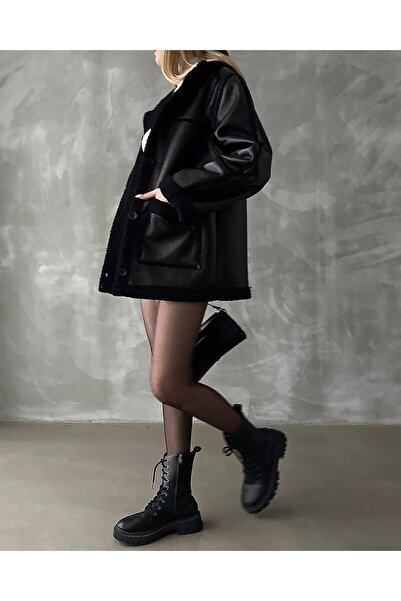 WoolnClyde Kadın Siyah Derin Cep Detay Kısa Düğmeli Kürklü Uzun Peluş Biker Ceket Mont