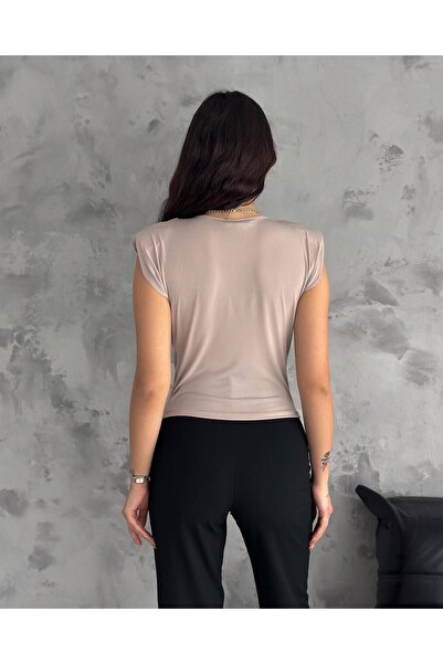 WoolnClyde Women's Stone Degaje Collar Pleated Shoulder Padded Flowy Stretchy Sandy Fabric Blouse