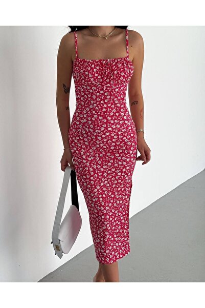 WoolnClyde Women's Red Floral Patterned Spiral Fabric Slit Rope Tied Detailed Strappy Midi Dress