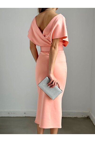 WoolnClyde Γυναικείο βραδινό φόρεμα με υφασμάτινο ύφασμα με ζωσμένο ύφασμα με μαργαριτάρι γιακά με διπλό στήθος