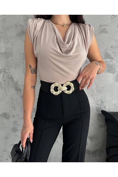 WoolnClyde Women's Stone Degaje Collar Pleated Shoulder Padded Flowy Stretchy Sandy Fabric Blouse