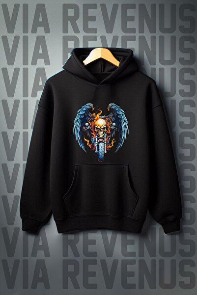 Vordevia Hanorac cu glugă supradimensionat cu buzunar cangur cu imprimeu pentru motociclist - Raster cu 3 fire